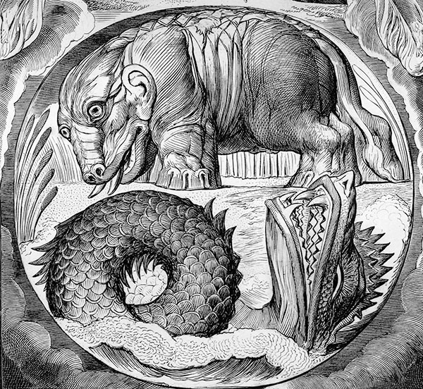 Бегемот и Левиафан: шашлык судного дня. Фрагмент гравюры Уильяма Блейка.