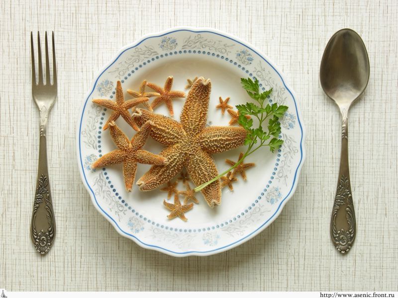 RGB starfish breakfast handed on a dish with blue rim and silver place setting