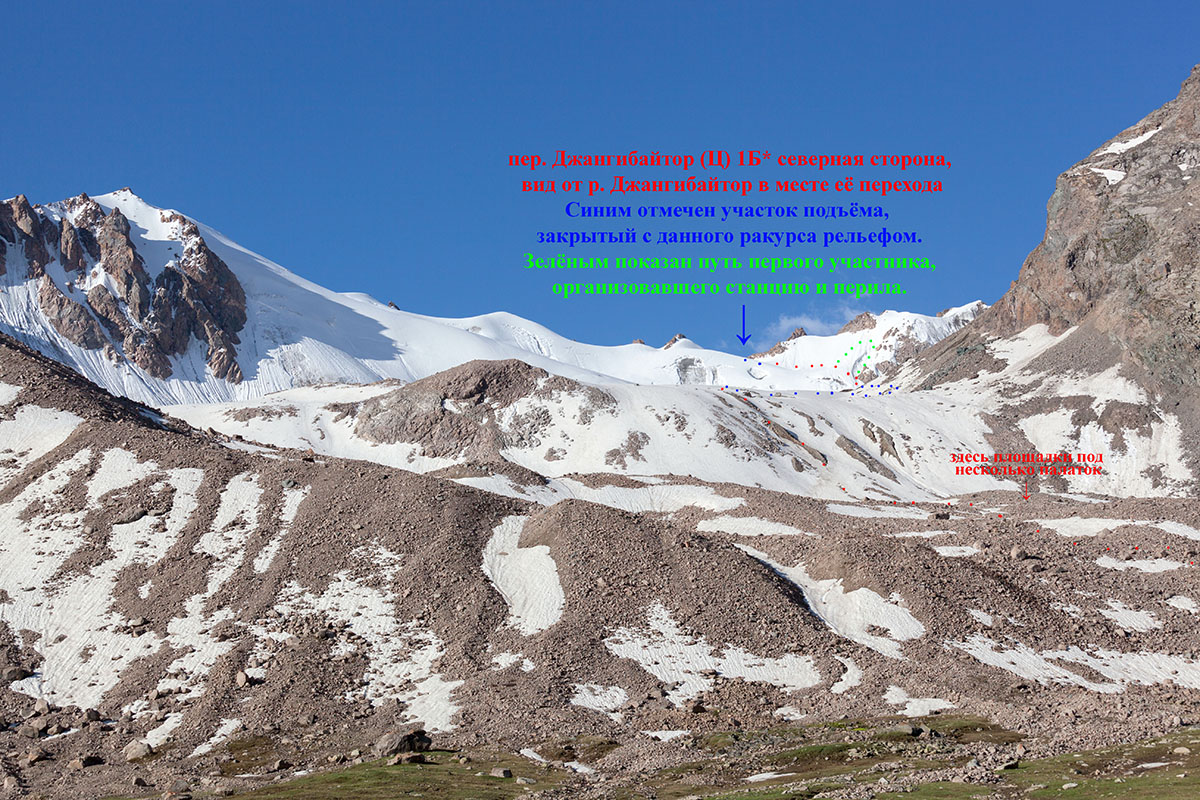 Фото 4. Вид в сторону цирка пер. Джангибайтор (Ц) 1Б* (Ю3 камера ледника) от р. Джангибайтор (3510 м)