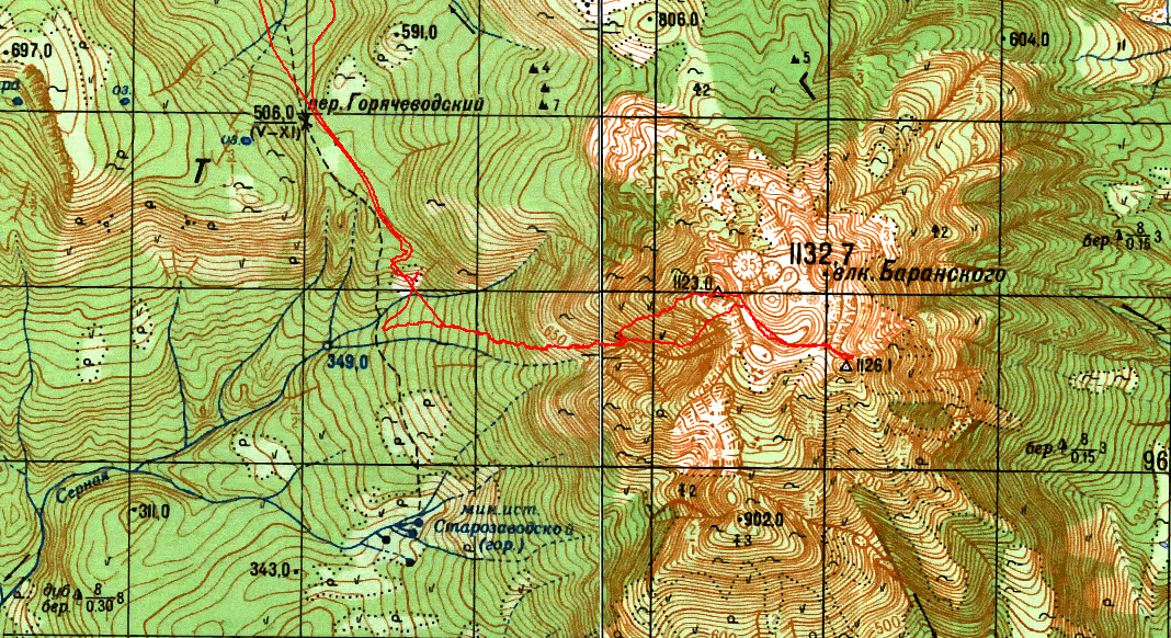 Маршрут на вулкан Баранского на карте Генштаба